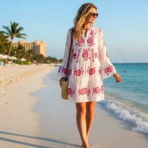 Gorgeous & Stylish PQ Swim White Coverup with Hot Pink Fuchsia Floral Embroidery